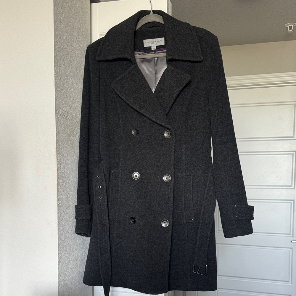 Andrew Marc Charcoal Double-Breasted Peacoat with Belt